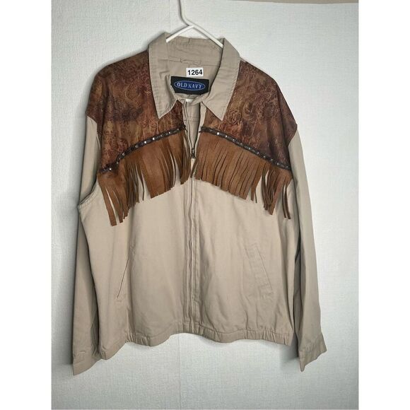 Vintage Old Navy South Western Fringe Canvas Zip Up Lightweight‎ Jacket Women XL - Picture 2 of 7